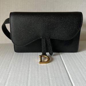 CHRISTIAN DIOR Grained Calfskin Saddle Belt Bag Black